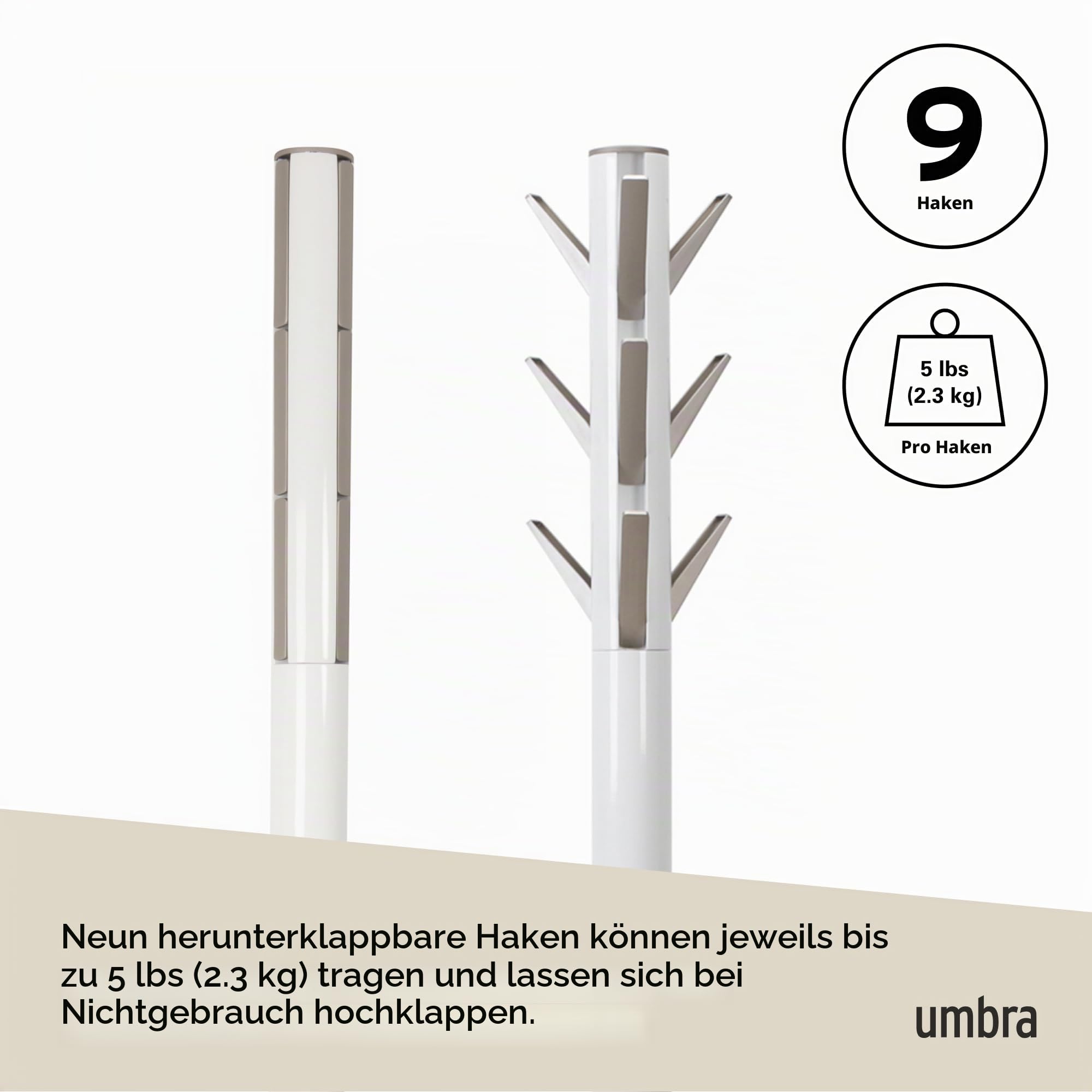 Umbra Flapper Garderobenständer, 9 klappbare Haken, Weiss