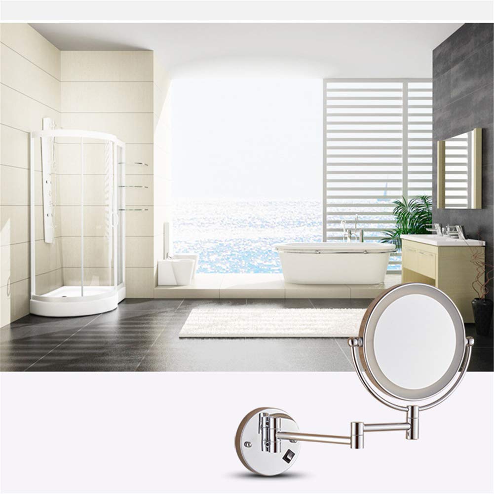 Espejo de maquillaje Montaje en pared, Espejo de baño con Luz LED de Doble Cara giratorio de 360 ° Aumento de 3X Espejo de belleza de Forma Redonda plegable extensible,Silver_8inch (Silver 8
