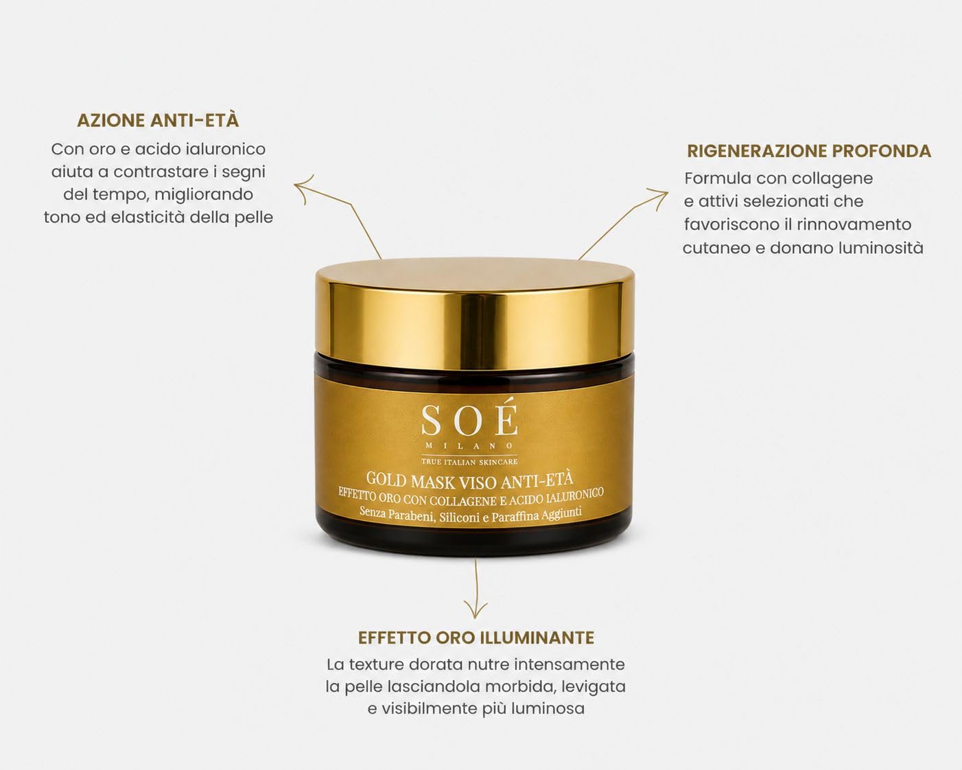 Gold Mask Viso Anti-Età – Maschera Viso con Collagene e Acido Ialuronico – Idratante, Illuminante e Rassodante. Formula pensata per una skincare più consapevole e delicata sulla pelle. Made in Italy