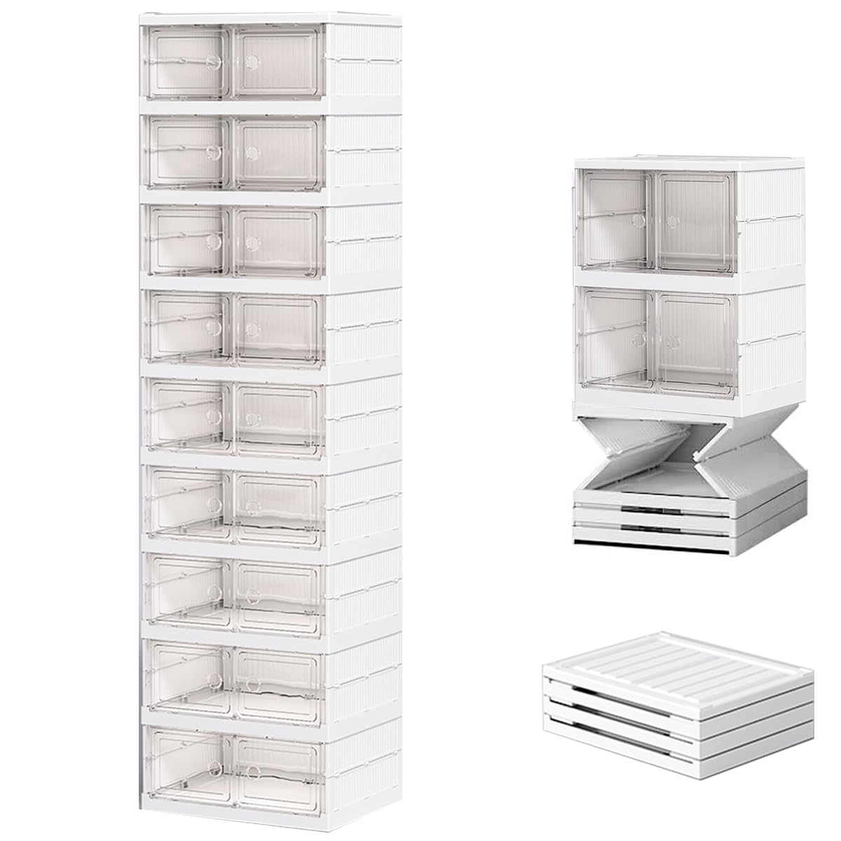Zapatero Plegable. Organizador de Zapatos de Plástico para Entrada, Armario y Recibidor. Cajas para Zapatos Apilable con 6 Puertas Imantadas. Armario Zapatos. (9Compt)