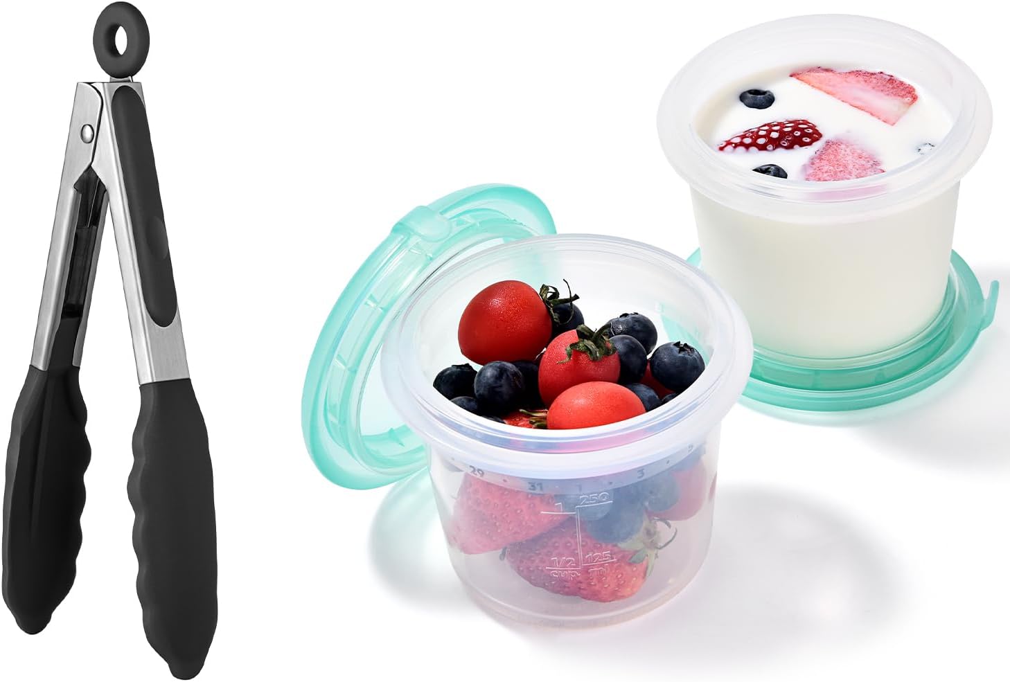 U-Taste 600ºF High Heat 7in Silicone Kitchen Tong (Black) and 1 Cup Silicone Food Container Small Kitchen Storage with Airtight Lid Set of 2 (Aqua Sky)