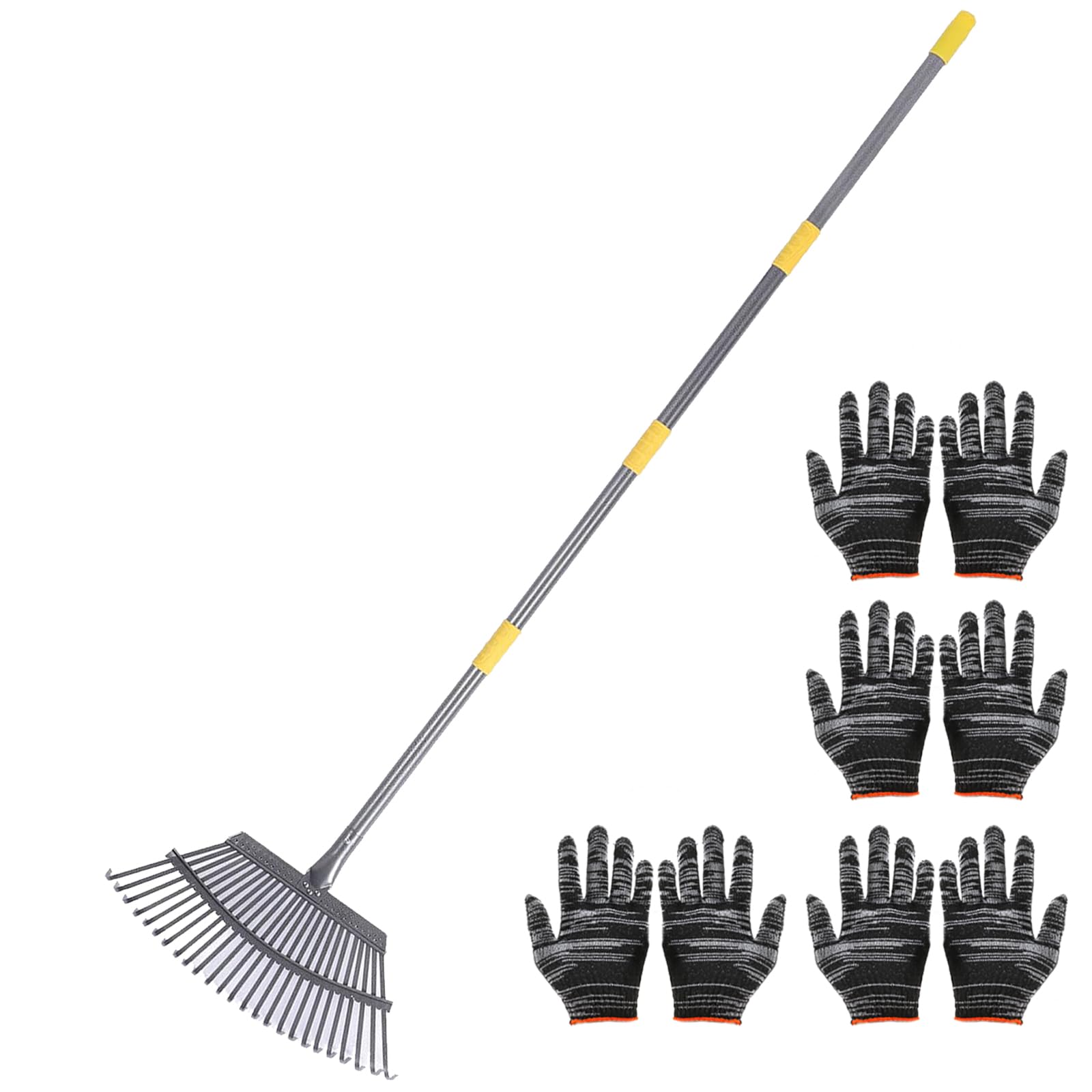 Râteau à chaume à 25 dents en acier avec 4 sections de poignée et kit de gants
