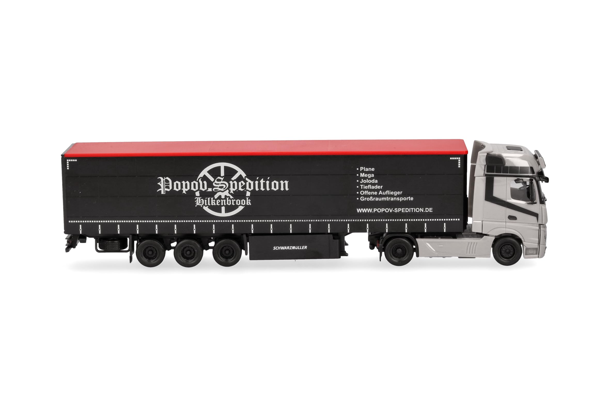 herpa Mercedes-Benz Actros L Gigaspace z plandeką Popov Spedition model 1:87, kolekcjonerska ciężarówka, Made in Germany, tworzywo sztuczne