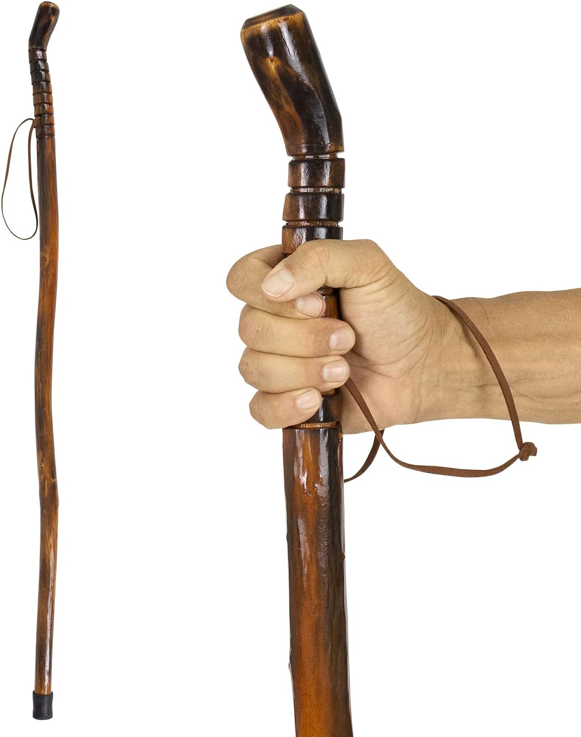 Vive Wooden Hiking Stick - Handcrafted Walking Wood Cane - Lightweight Wrist Strap for Outdoor Activities Lifestyle - for Women and Men - Balance and Support for Men, Women
