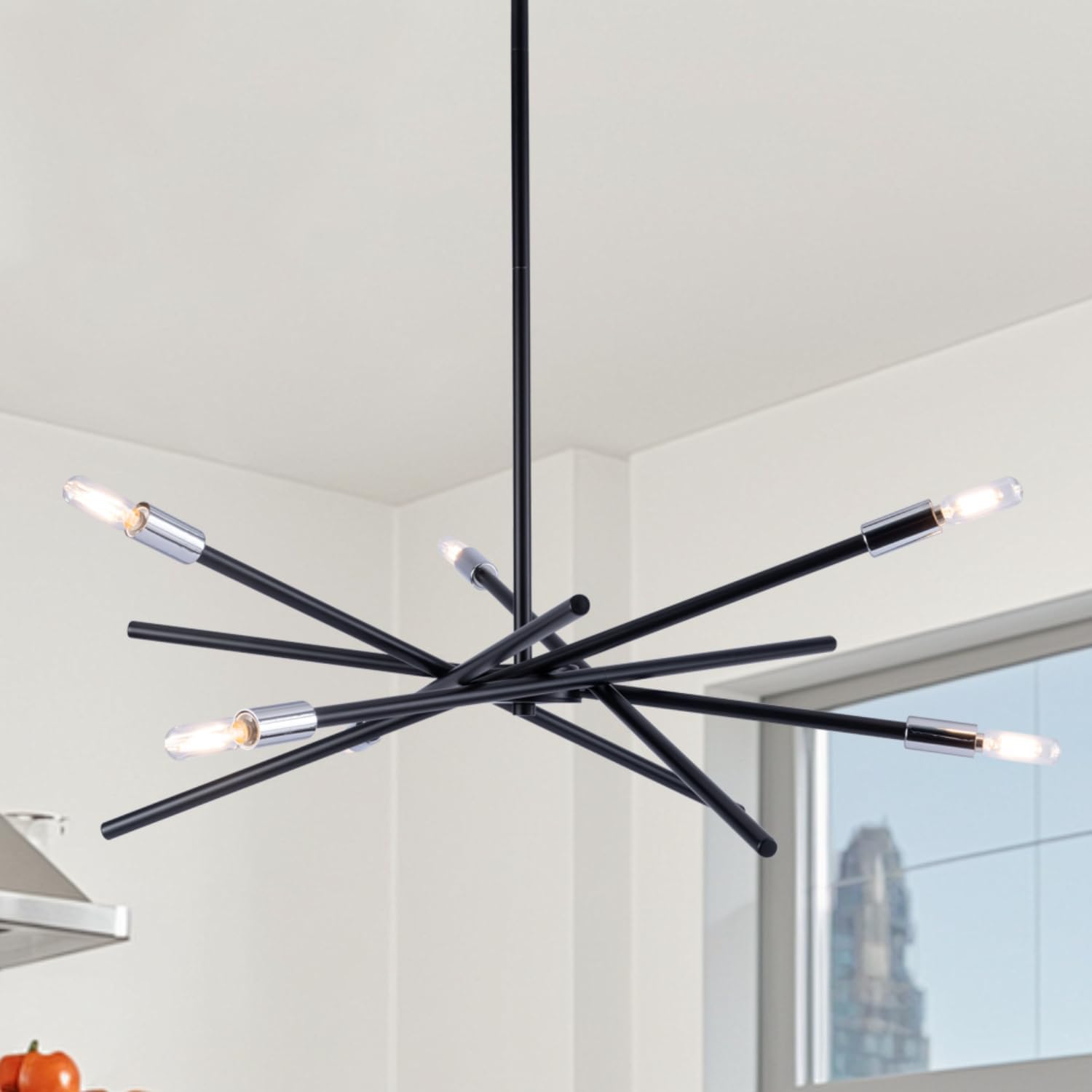 VILUXY Modern Sputnik Chandelier 6 Lights Black Linear Ceiling Pendant Light Fixture Mid Century Hanging Chandelier for Dining Room Living Room Foyer Staircase 31.5 inches