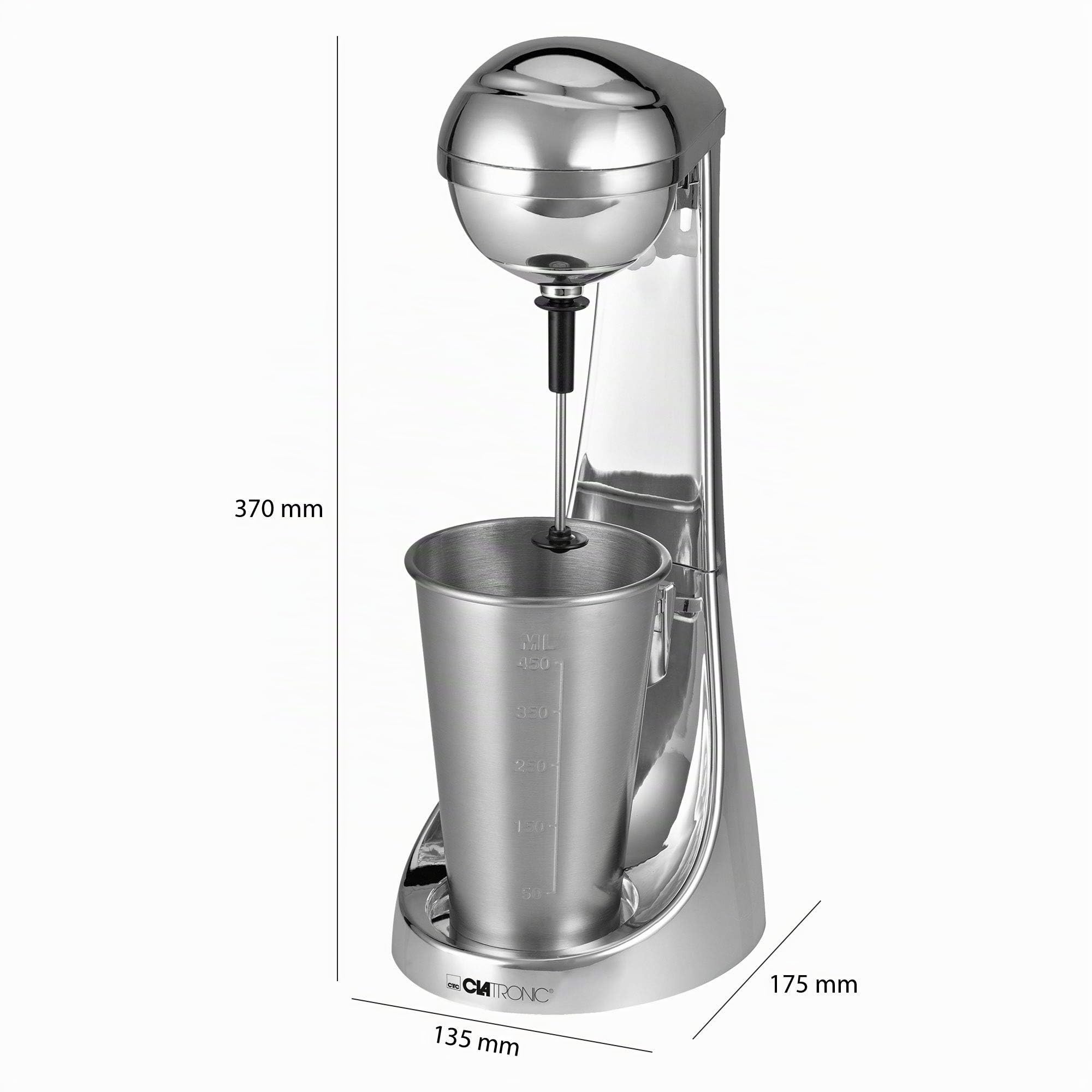 Clatronic® Batidora de bar y espumador de leche en uno, preparador de batidos con recipiente de acero inoxidable de 650 ml y práctico portavasos, batidora con 2 velocidades, 65 W, cromo, BM 3472