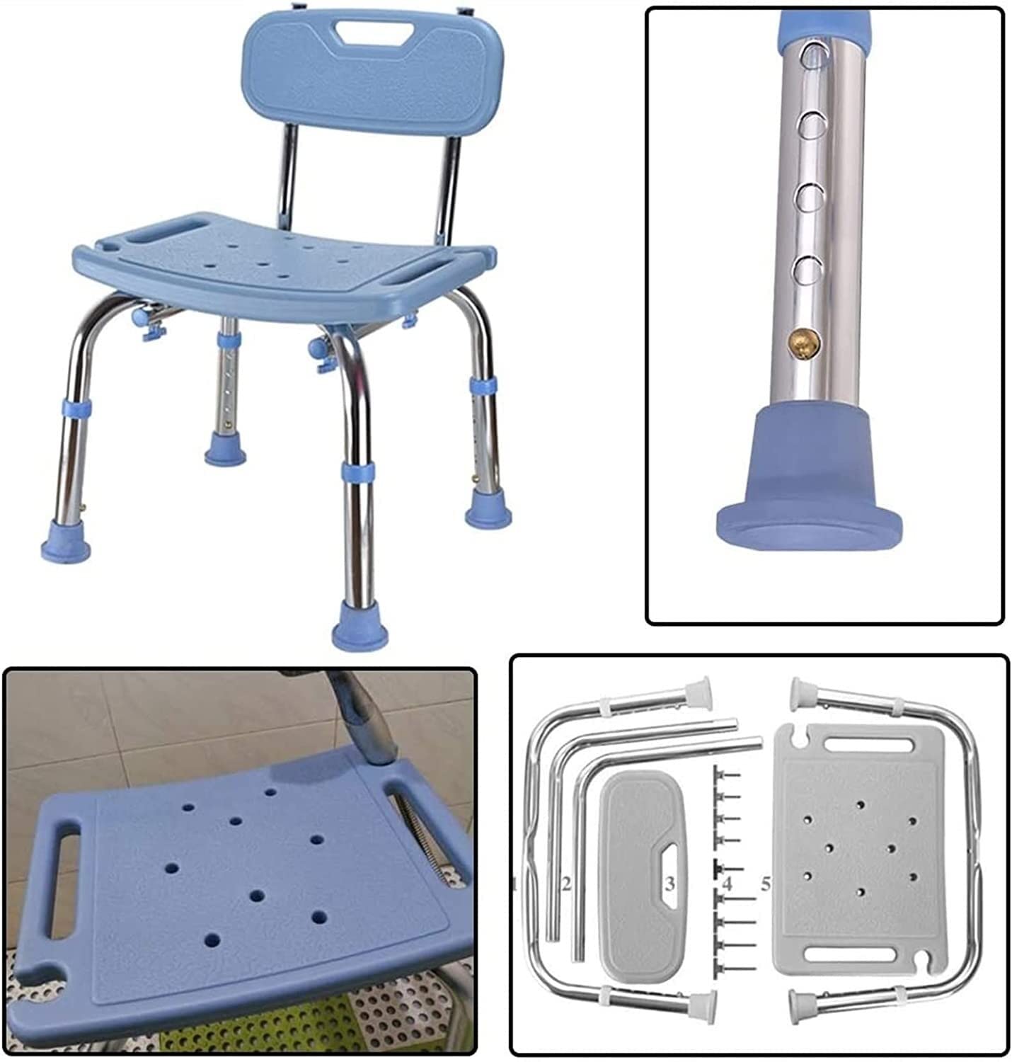 Silla de Ducha para Personas Mayores, Ligera, con Taburete de bañera, Asiento de Ducha Premium para Adultos con discapacidad, Altura Ajustable, 41 x 28 cm, Color Azul.