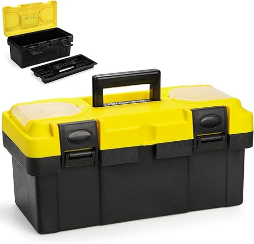 Caja de herramientas de plástico de 16 pulgadas con asa, caja de herramientas portátil con bandeja extraíble y diseño con cerradura, organizador de