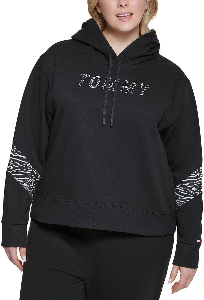 Tommy Hilfiger Sport Womens Plus Logo Animal Print Hoodie Black 1X