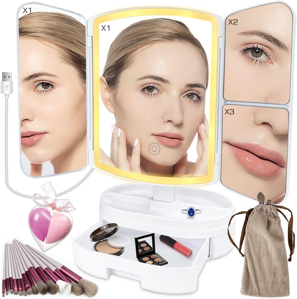 Tri-Fold Lighted Makeup Mirror,Vanity Mirror with 3 Adjustable Color Lighting,1X2X3X Magnification,USB Power Supply and Storage Box,2pcs Makeup Sponges,13pcs Makeup Brush,Cosmetic Mirror kits