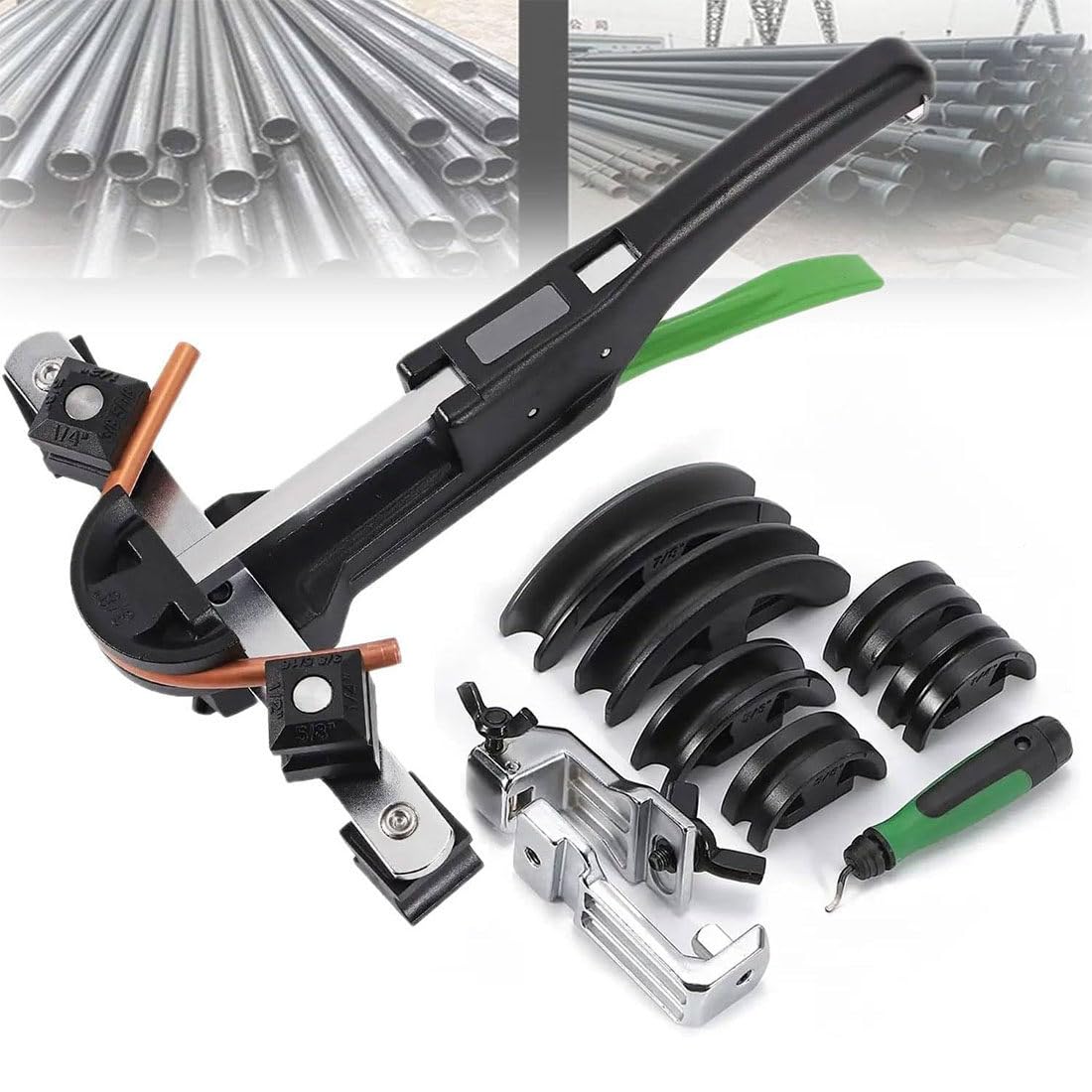 Kit de doblador de tubos hidráulicos, juego de herramientas dobladoras de tubos de cobre y aluminio de 0.25 a 0.86 pulgadas para curvas de 90° con 7 troqueles, ideal para reparaciones de HVAC y