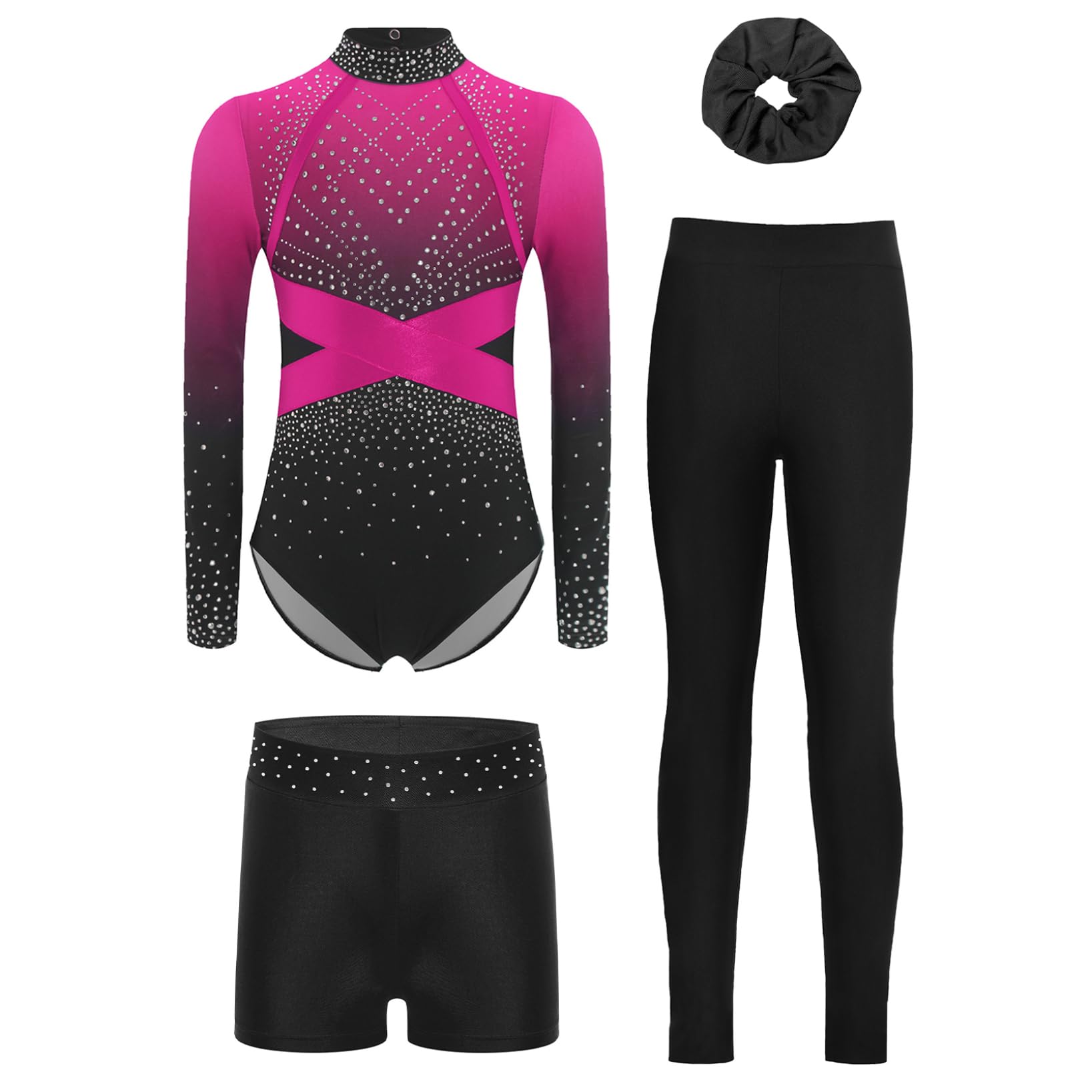 Filles Justaucorps Gymnastique 4 Pièces Body Danse Classique Avec Pantalons Leggings Et Ruban Pour Cheveux Maillots Patinage Artistique Kombianzug Vêtements Danse