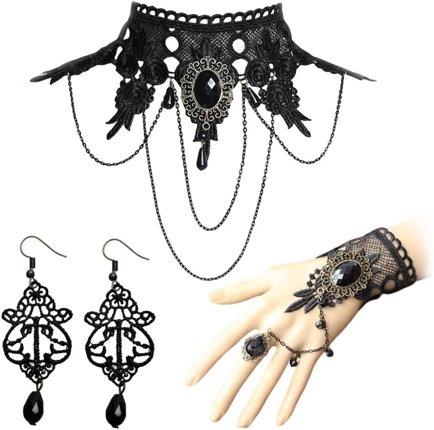 Halloween Jewelry for Women Goth Jewelry Set Black Gothic Choker Necklace Earrings Bracelet Set for Women Halloween Gifts