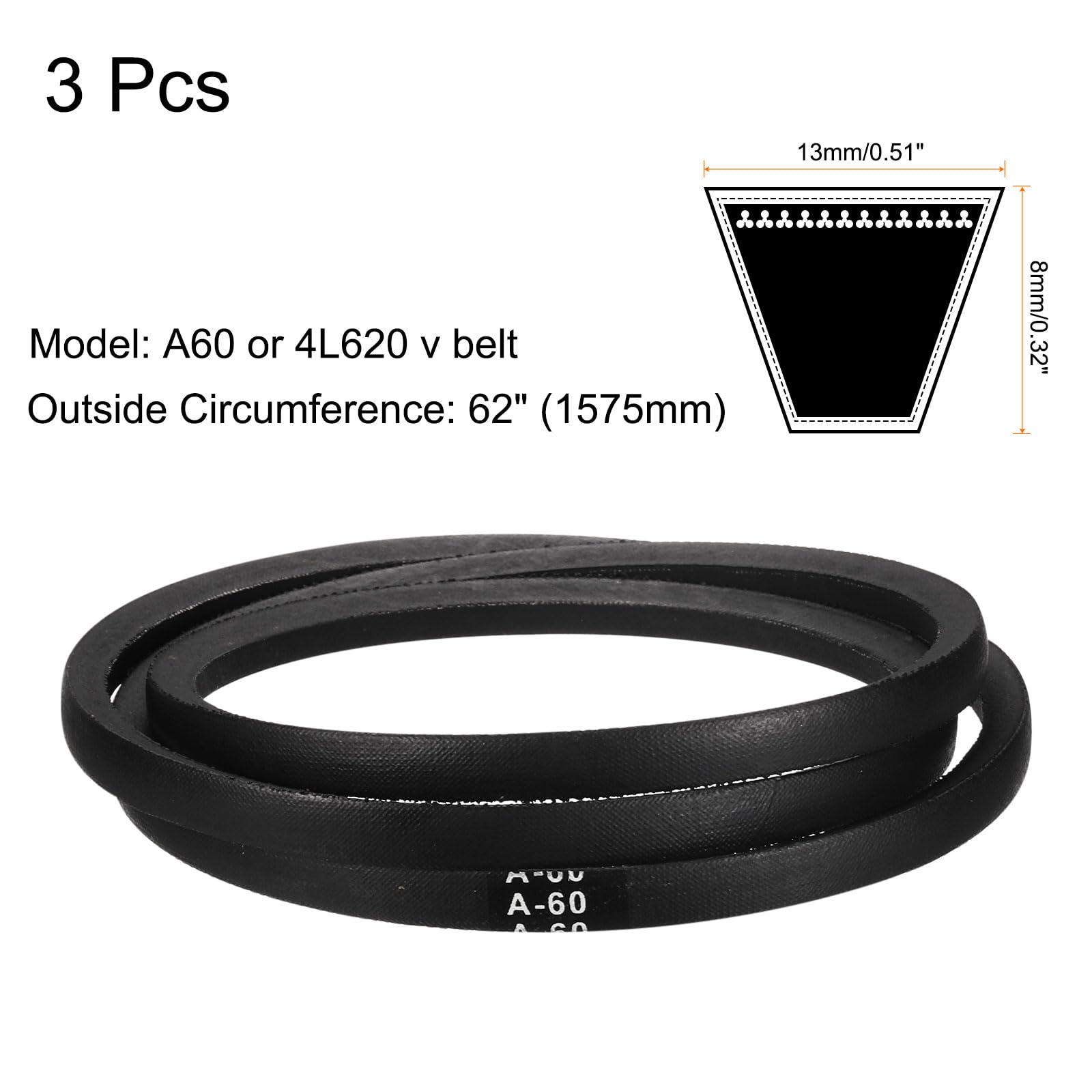 QUARKZMAN 3pcs A60 Ou 4L620 Courroie Trapézoïdale Enrobée Caoutchouc, Longueur 60" (1525mm)
