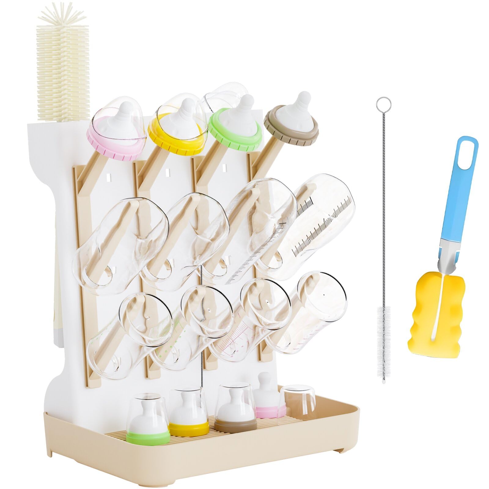Huishun Baby Bottle Drying Rack: Large Vertical Bottle Dryer Rack Holder - Space Saving Standing Drying Rack for Baby Bottles and Pump Part Cleaning（Beige）