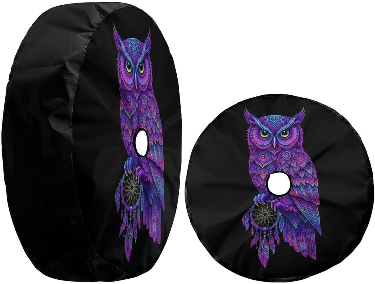 Neon Owl Dreamcatcher Feather Print Spare Tire Cover with Backup Camera Hole Waterproof Dust-Proof UV Sun Wheel Covers for RV Trailer RV SUV Truck and Many Vehicle 17 Inch