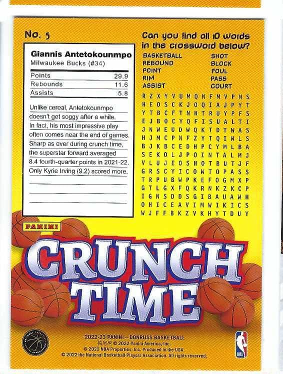 Miniatura 2 de GIANNIS ANTETOKOUNMPO 2022-23 Panini Donruss Crunch Time #5 Card Milwaukee Bucks Basketball