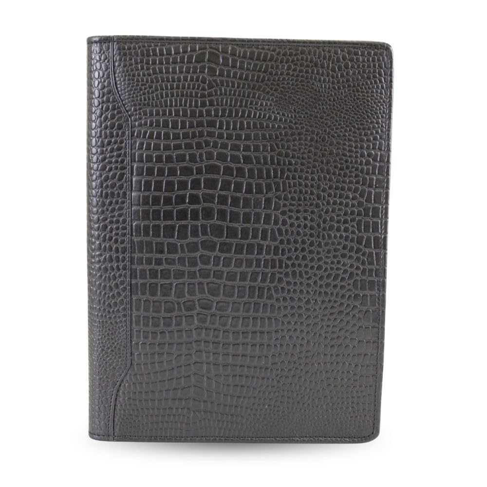 Leder Schreibmappe Croco - Luxus Leder Konferenzmappe mit Reißverschluss - A4 Businessmappe - Geschenk (Schwarz)