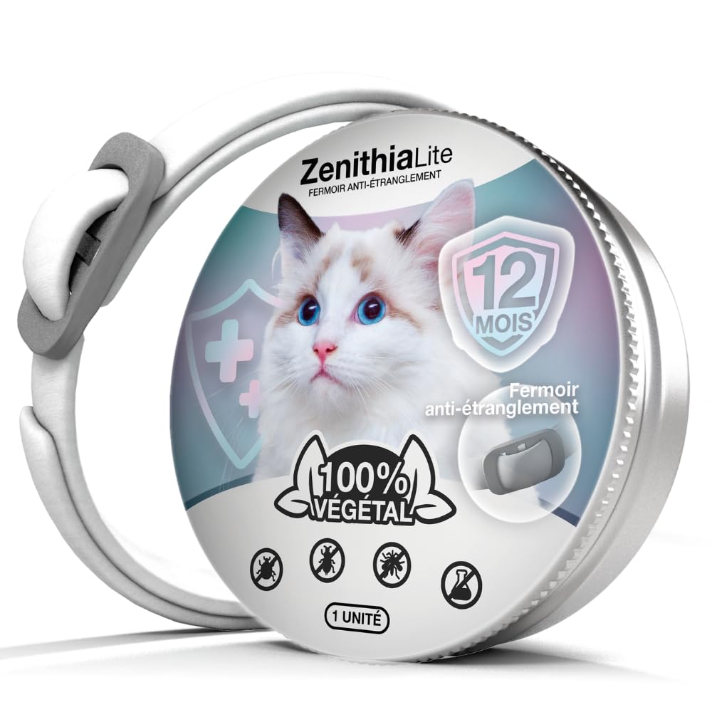 ZENITHIA Lite Collier Antiparasitaire Chat – Répulsif Insectes, Anti-Puces, Tiques et Moustiques – 12 Mois Protection – 48 cm – Ajustable – Végétal – Étanche – 1 Unité