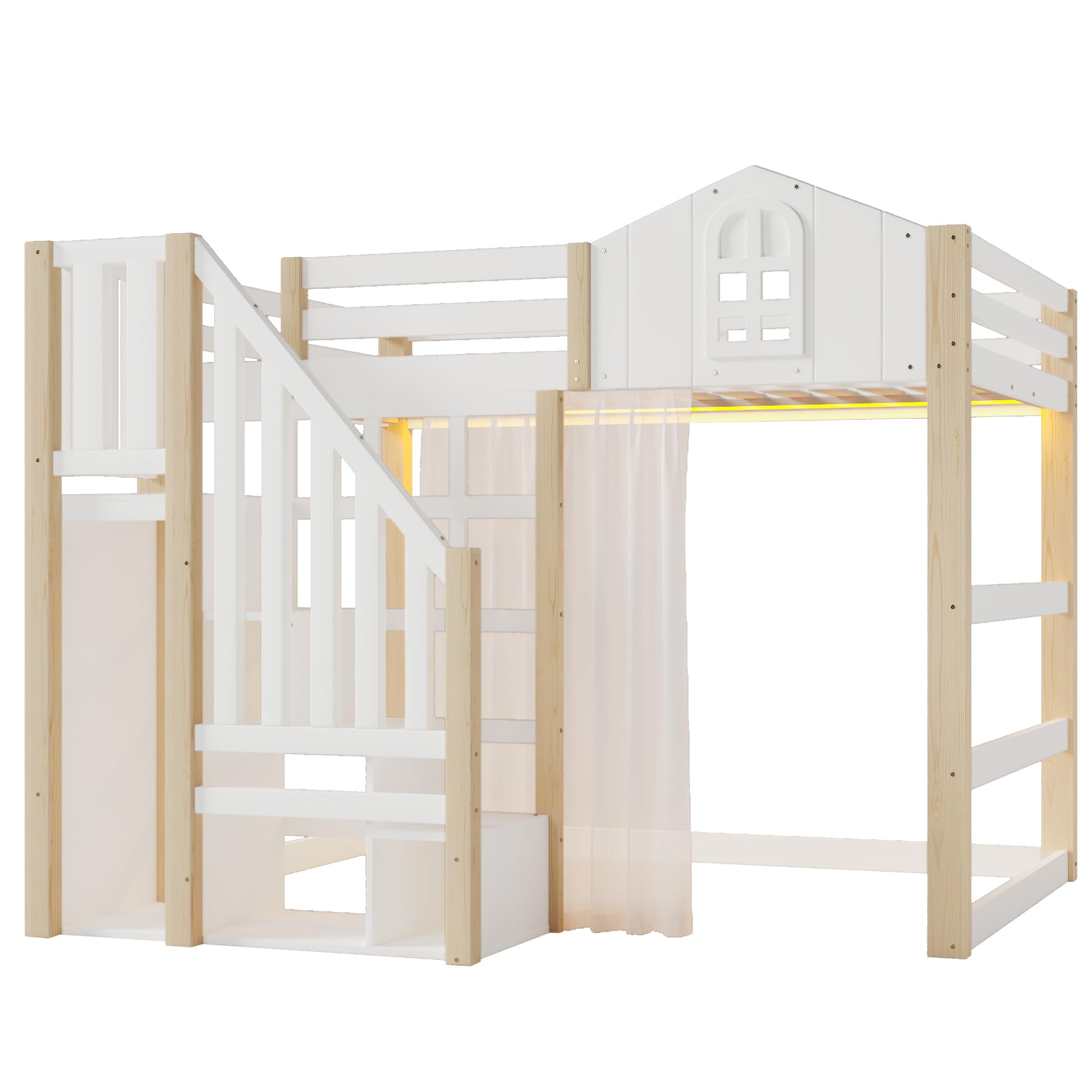 Letto a soppalco, 140 x 200 cm, con luci a LED, a forma di finestra, vano portaoggetti aperto, garza, senza materasso, bianco+naturale