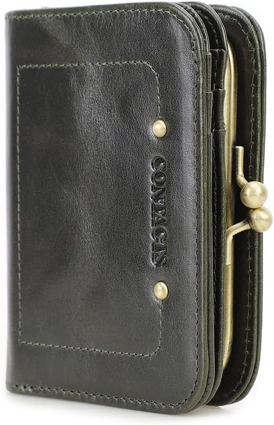 CONTACTS RFID-portemonnee voor dames, met kusssluiting, echt leer, compact, opvouwbaar, met ritsvak, vintage, creditcardhouder, kleine clutch met ID- venster