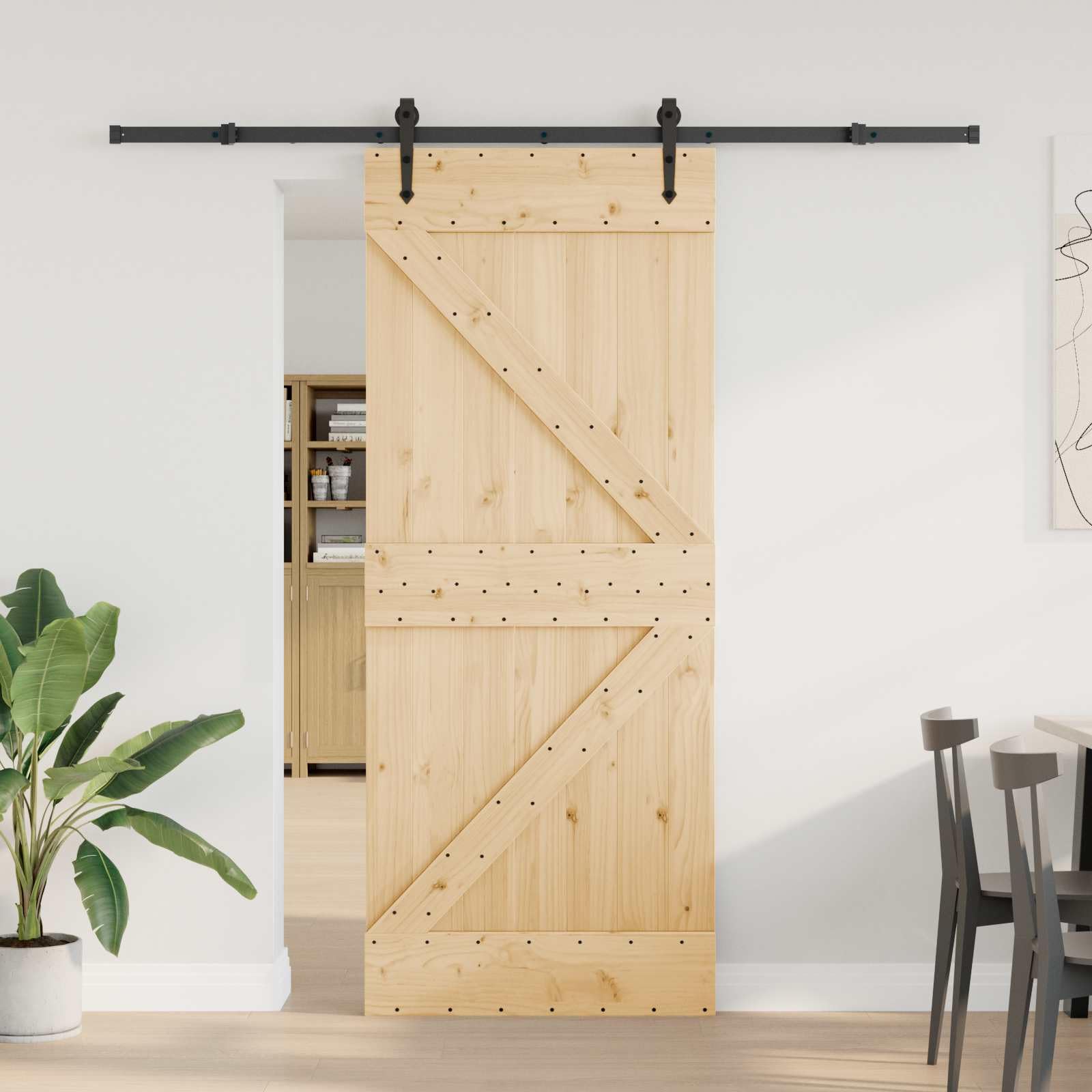 Porta scorrevole NARVIK in legno di pino e acciaio, 85 x 210 cm, design salvaspazio, per interni