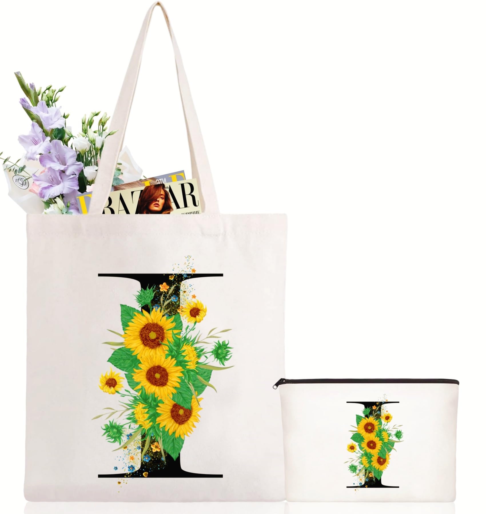 Andeiltech Initial Canvas Tote Bag Sunflower Letter Personalized Makeup Bag Monogrammed Gift for Bridesmaids Birthday Wedding
