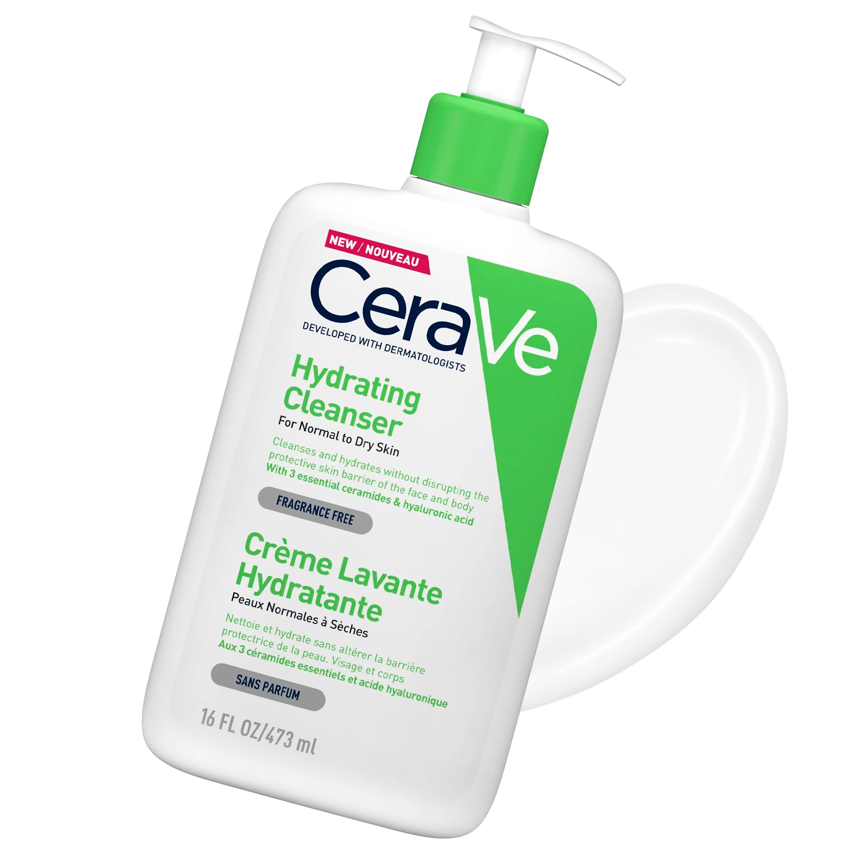 CeraVe - Crème Lavante Hydratante - Visage & Corps - Nettoie et Hydrate Sans Altérer la Barrière Cutanée - Aux 3 Céramides Essentiels + Acide Hyaluronique - Peau Normale à Sèche - 473 ml