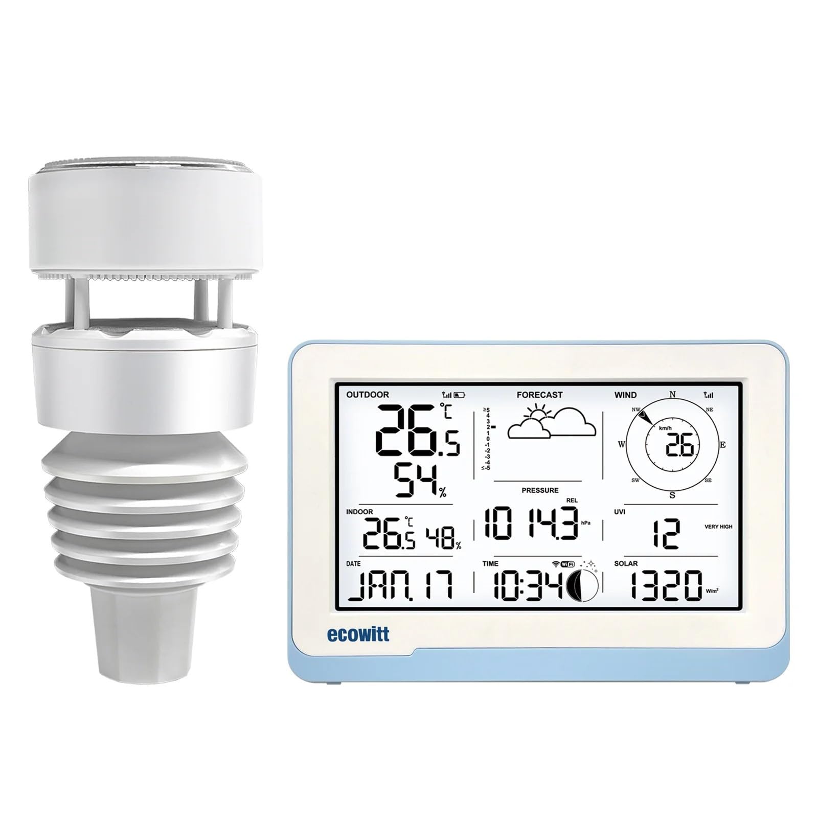 ECOWITT Wi-Fi Weather Station Kit WS3801, Includes WS90 Outdoor Sensor Array and WS3800 7.5'' Large LCD Display Console, Supports IoT, 915 MHz