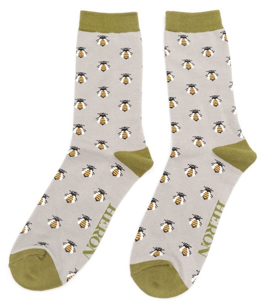 Lilyrosa Men's Grey Bee Socks Boys 6-11 Bamboo Bees Insect Mustard Blue 1 Pair (Grey)