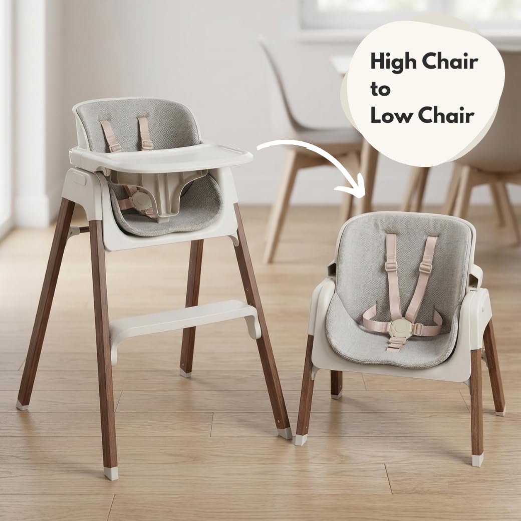 Venture Neyo 2-in-1 Foldable High Chair for Baby and Toddler, Convertible Baby Highchair with Wood Effect Legs, Removable Tray & Cushion, 5 Point Harness, Compact Folding (Beige) - 5