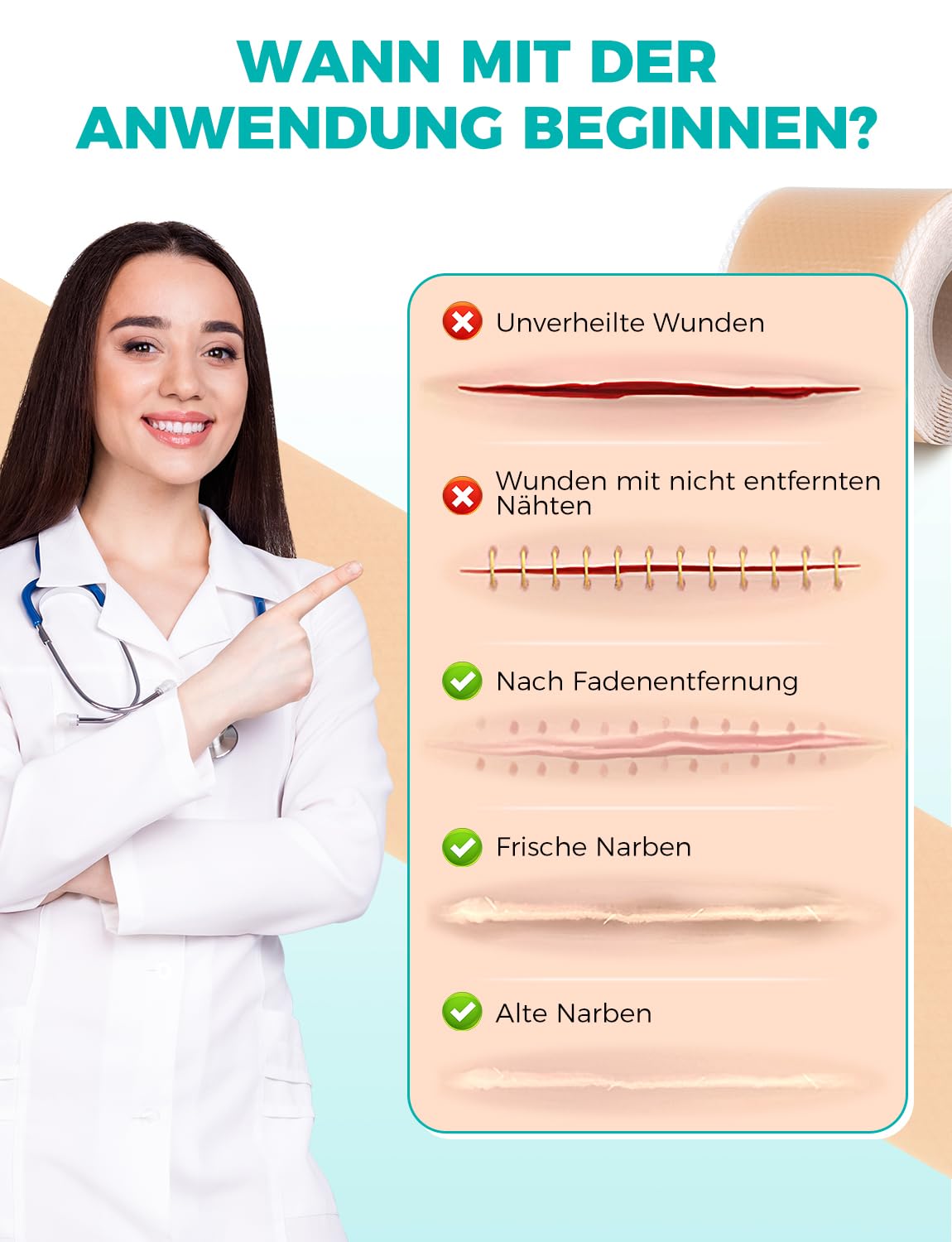 Silikonowy plaster na blizny 150 cm wielokrotnego użytku - Medyczne silikonowe plastry na blizny po cięciu cesarskim & bliznowce, biokompatybilne, oddychające, wodoodporne