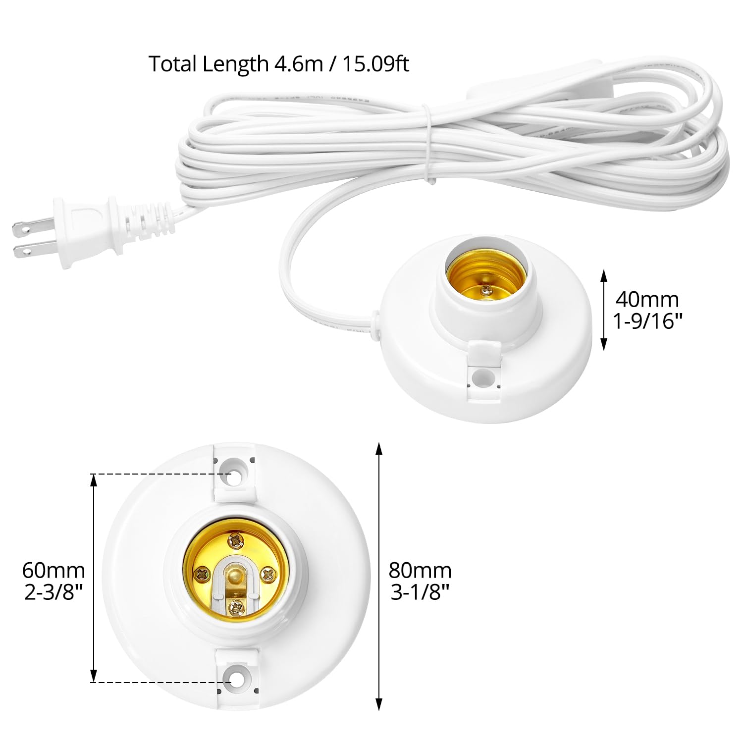 QWORK E26/ E27 Plug-in Lamp Holder with On/Off Switch | E26 Screw Light Bulb Socket | 15ft Extension Cord | All-Copper Inner Ring | 60W Max | 2-Pack