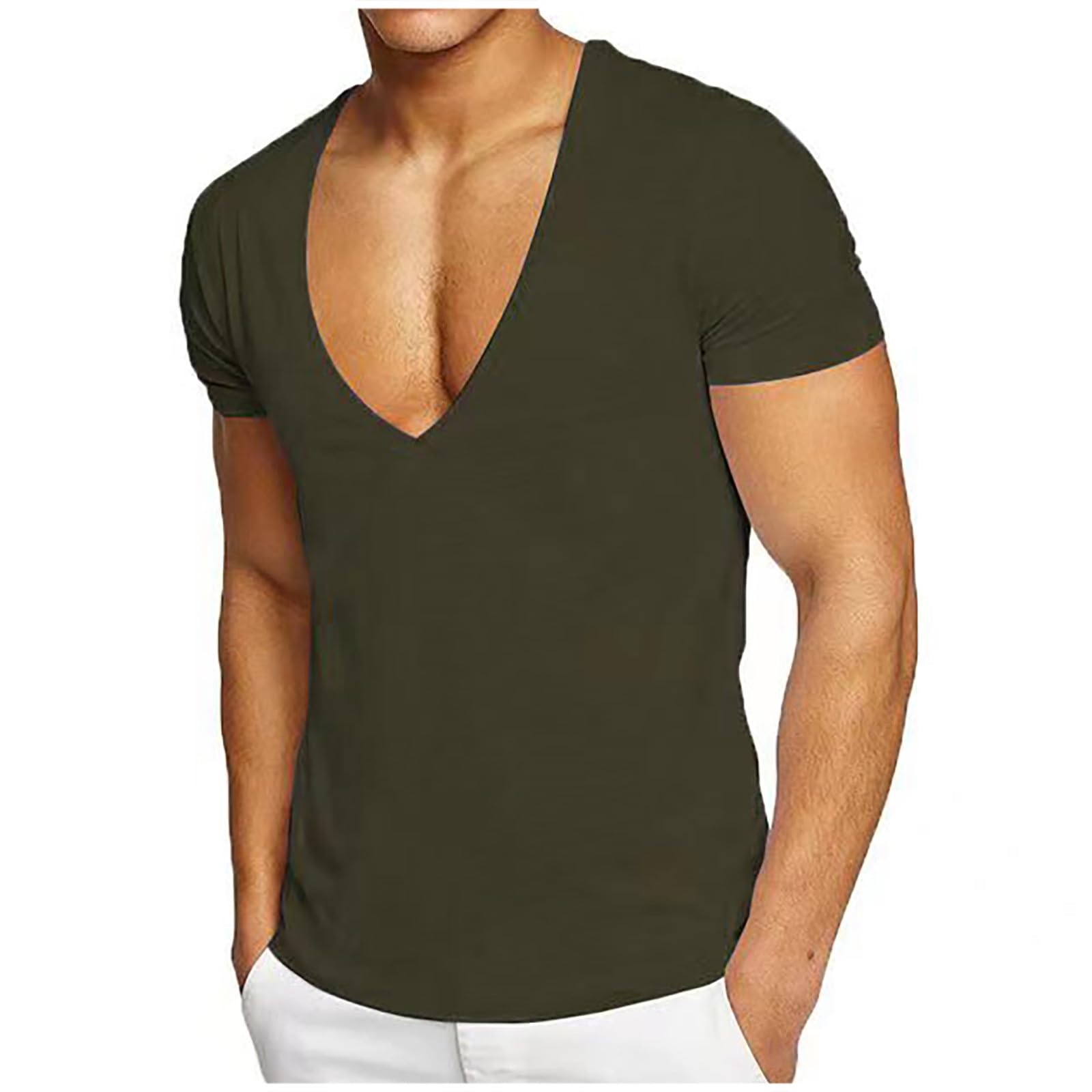 Men Deep V Neck T Shirt Stretch Muscle Gym Workout Tee Shirt Casaul Short Sleeve Slim Fit Low Cut Tank Tops