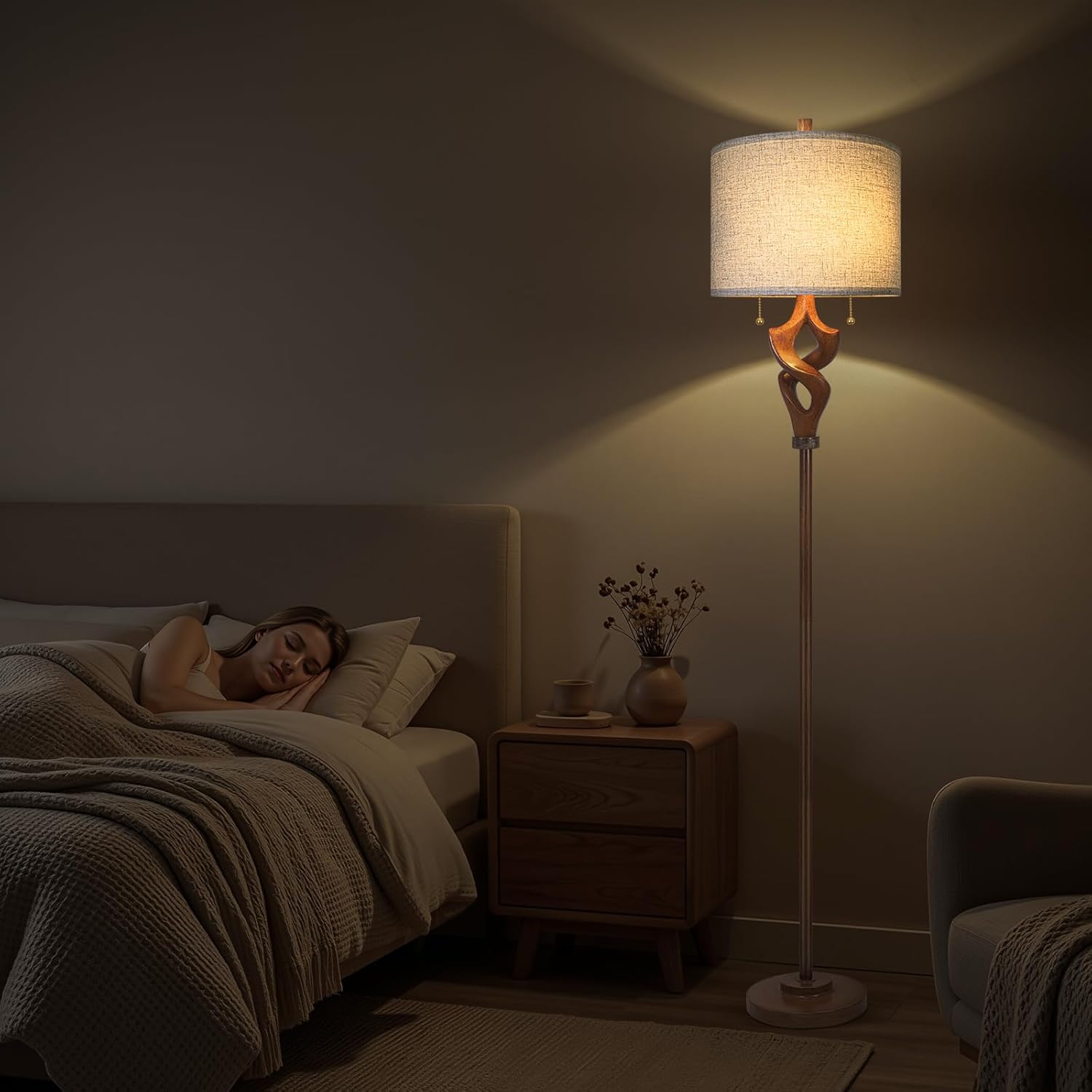 Scenekoy Sculptural 65.5” Floor Lamp for Living Room Bedroom, Bronze Wood Finish & Resin Body, Pull Chains Switch Standing Lamp, Brightness Adjustable Corner Lamp with Bulb Prefer for Home Office Bar