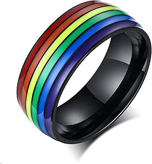 Pride Ring Titanium Steel Eternity LGBT Rainbow Rings for Gay Lesbian Asexual Bisexual Trans Nonbinary LGBTQ Pride Month Friendship Wedding Promise Band Rings Pride Jewelry Gift for Couples Men Women, Size 6-12(Silver, Gold, Black)