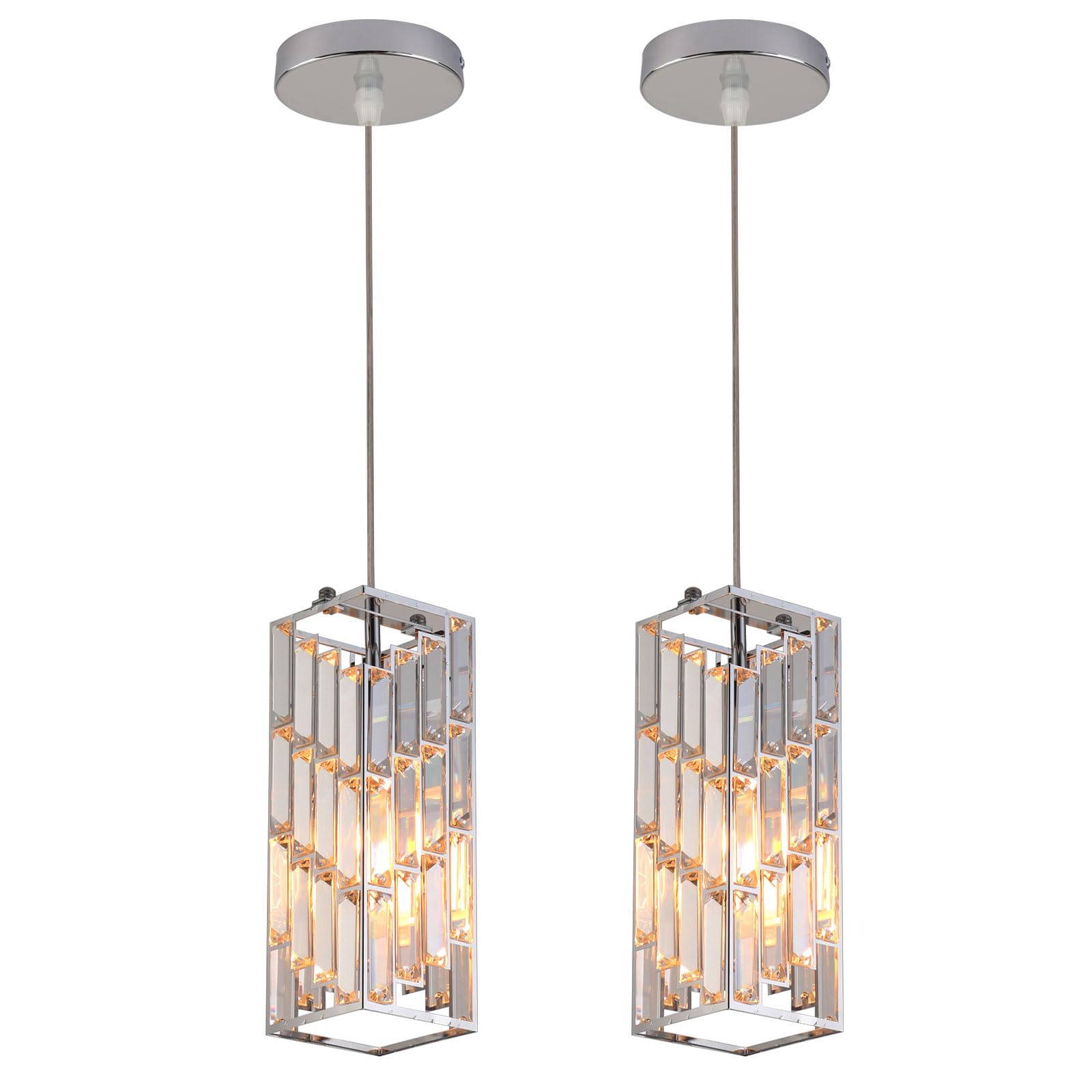 BHIAG Modern Crystal Pendant Light 2 Pack Hanging Lamps Small Chandelier Ceiling Lighting Indoor, Square Crystal Pendant Ceiling Lights for Kitchen Island, Dining Room, Bedroom
