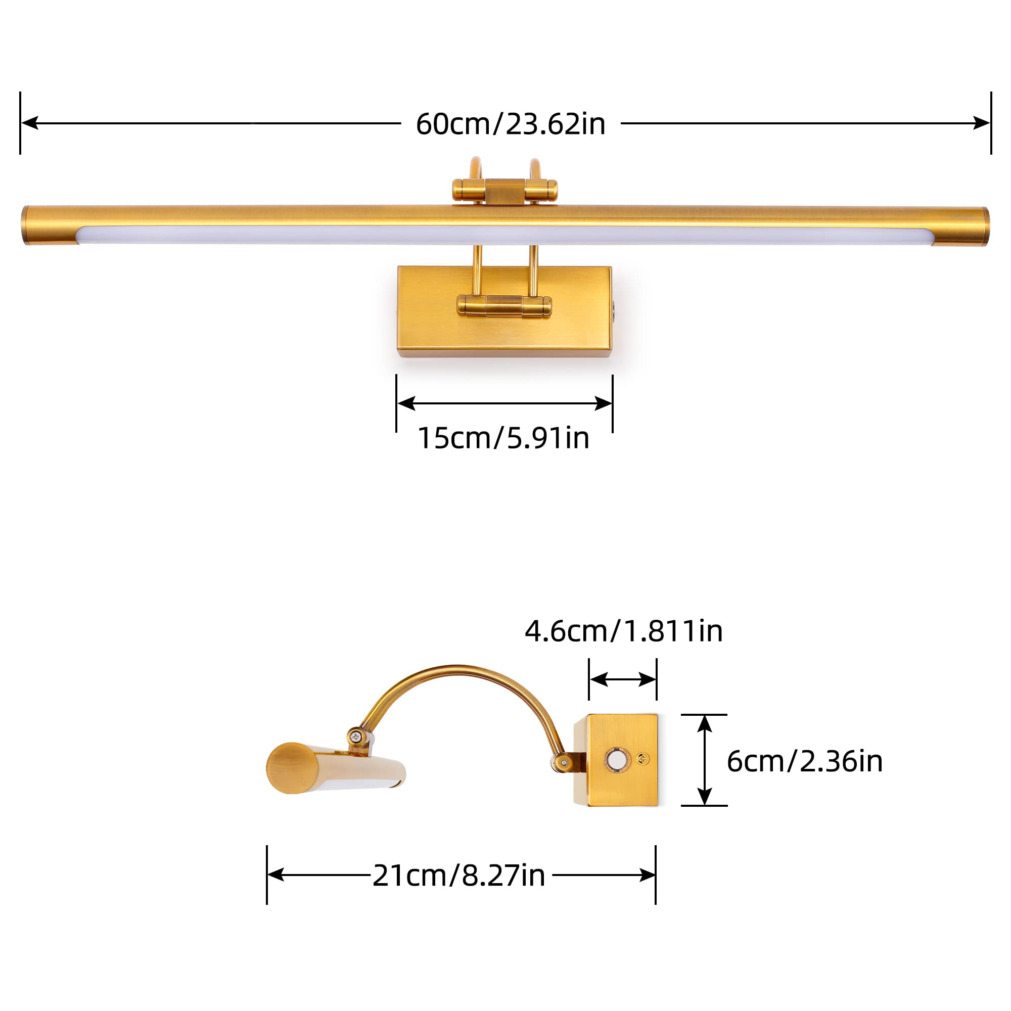 MantoLite Lámpara de Pared LED Regulable 15W, 60CM Interior Iluminación para Cuadros y Expositores, Cabeza Giratoria, Lectura, Latón Mate, Baño Espejo Apliques de Pared 3000K/4000K/6000K