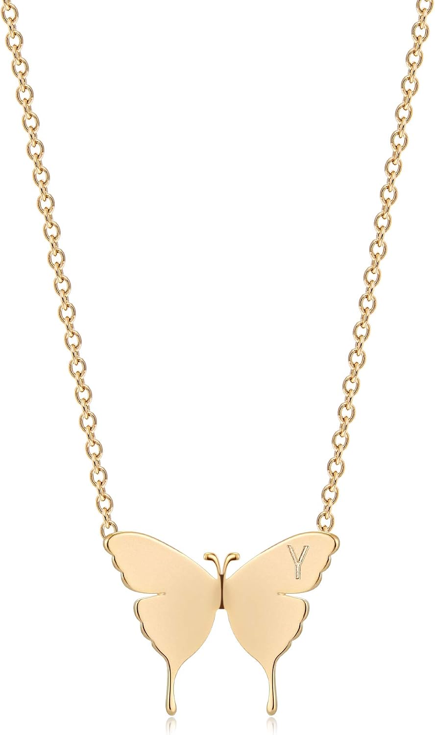 MEVECCO Gold Dainty Initial Necklace 18K Gold Plated Butterfly Pendant Name Necklaces Delicate Everyday Necklace for Women Minimalist Personalized Jewelry Christmas Gift