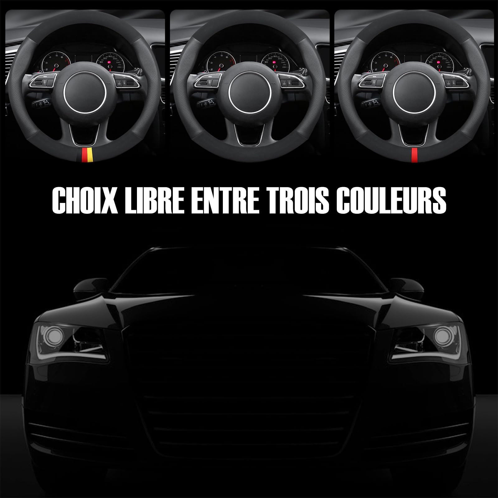 Ergocar Couvre Volant de Voiture Cuir Microfibre et Cuir PU Sport Volant Protecteur Antidérapant pour Diamètre 38cm(15 ") (D-Noir-F)