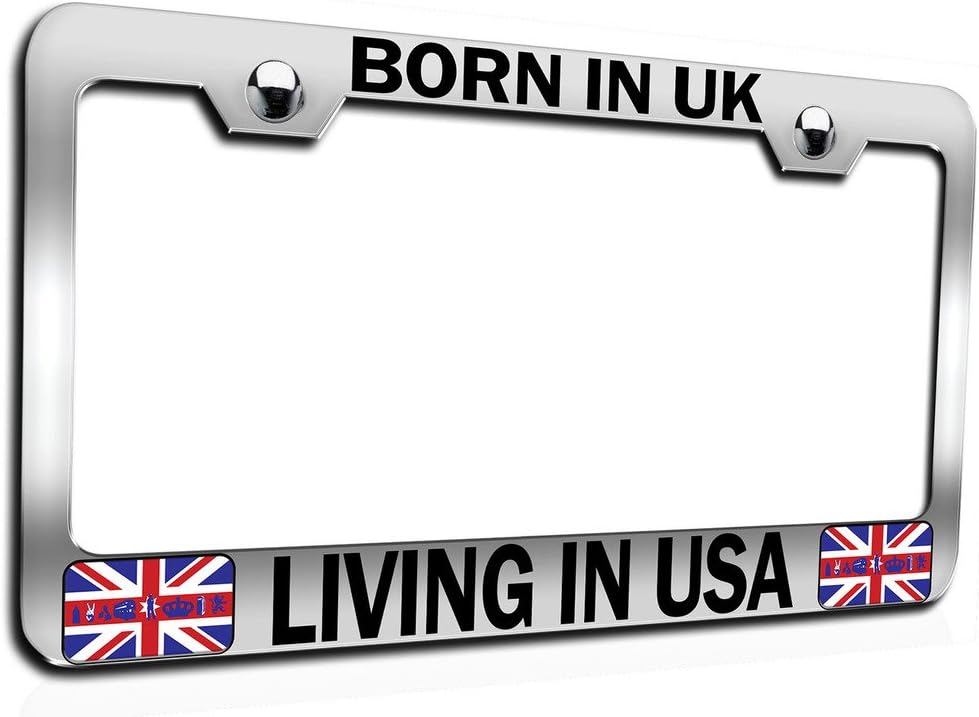 Makoroni - Born in UK Living in USA British England Ch Steel Auto SUV License Plate Frame, License Tag Holder