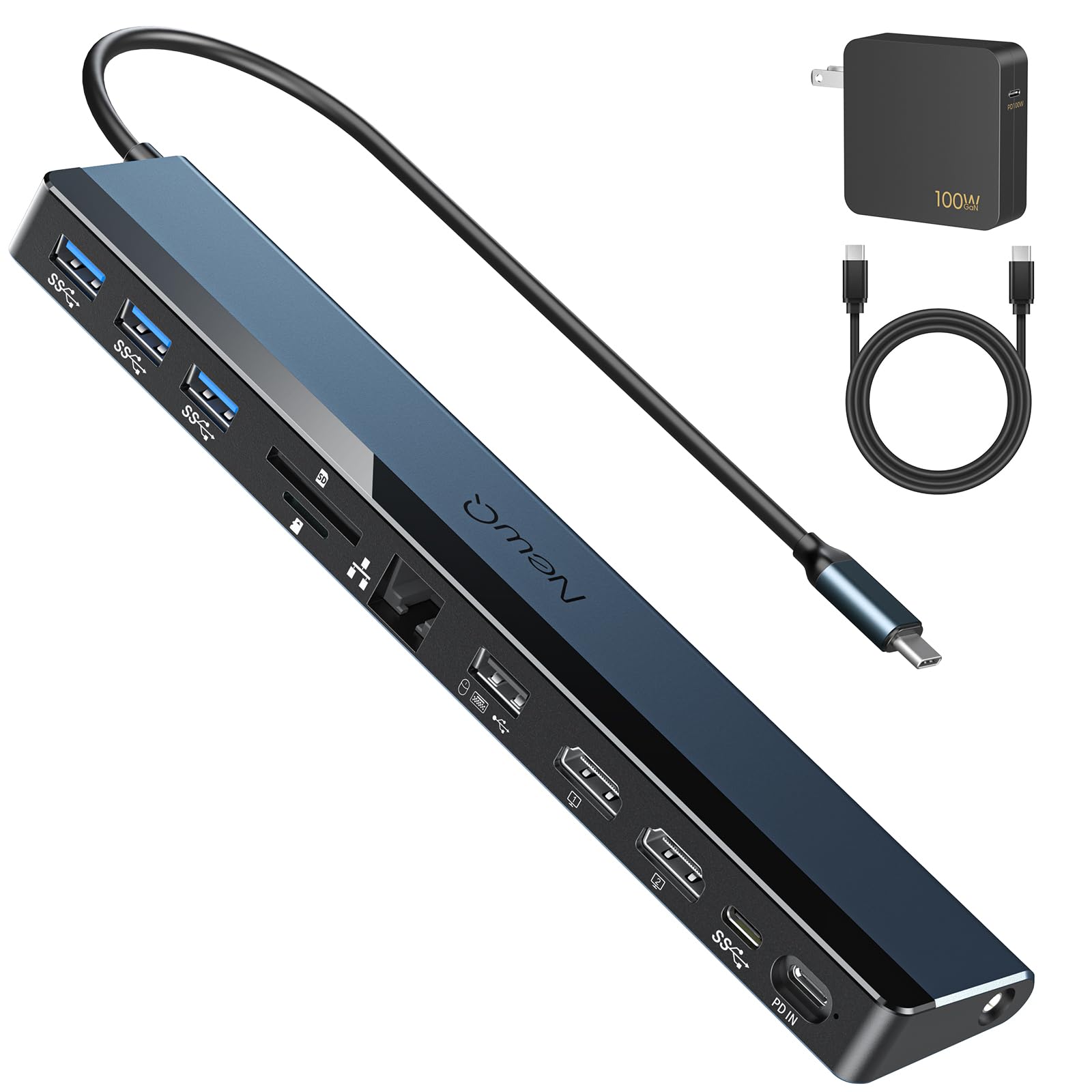 Estación de acoplamiento USB C para monitor dual con cargador USB-C de 100 W, base para laptop 12 en 1 con HDMI dual 4K a 30 ~ 60 Hz, PD 100 W, 4 puertos USB de 5 Gbps, ranura SD/TF, Ethernet, audio