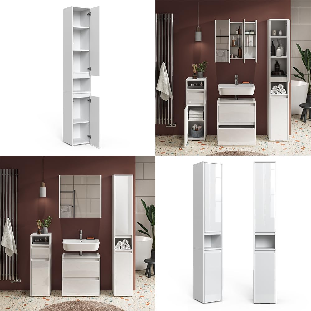 Vicco Meuble Salle de Bain Majest, Blanc Haute Brillance, 30.2x191.5cm | avec portes et compartiment ouvert, pour le rangement avec six étagères réglables
