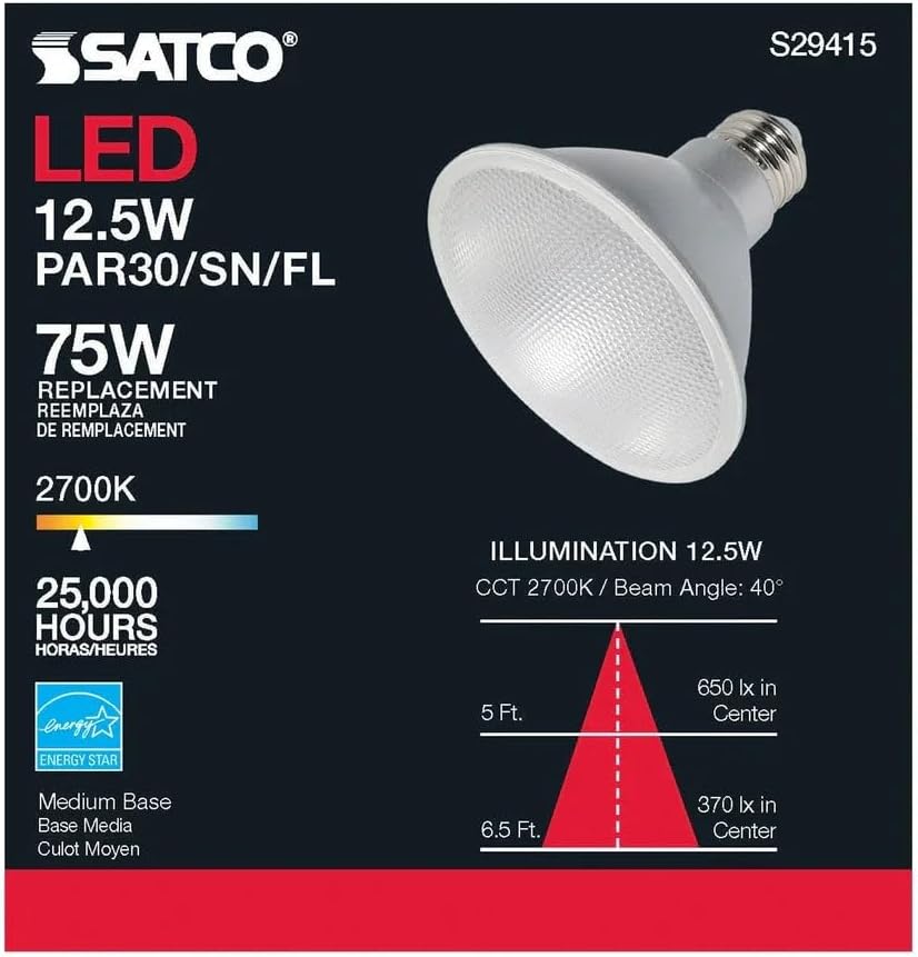 Satco S29415 12.5 Watt; PAR30SN LED; 2700K; 6 LED Bulbs, California Compliant