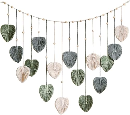 Leefasy Tapiz tejido de macramé para colgar en la pared, colgante estético bohemio para el hogar, elegante y minimalista con borlas de hojas,