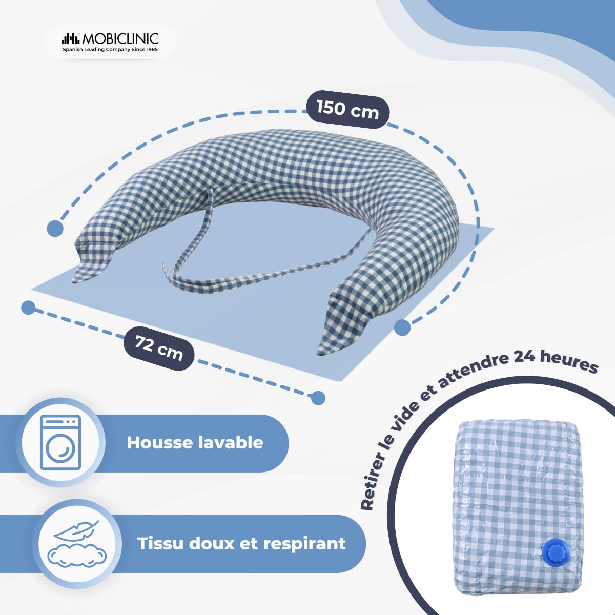 Mobiclinic®, Coussin Allaitement et Grossesse XXL, 3 en 1, Housse 100% Coton, 150 cm, Sangles Réglables, Multifonction, Aura, Amovible et Lavable, Multi-Position, Vichy Print