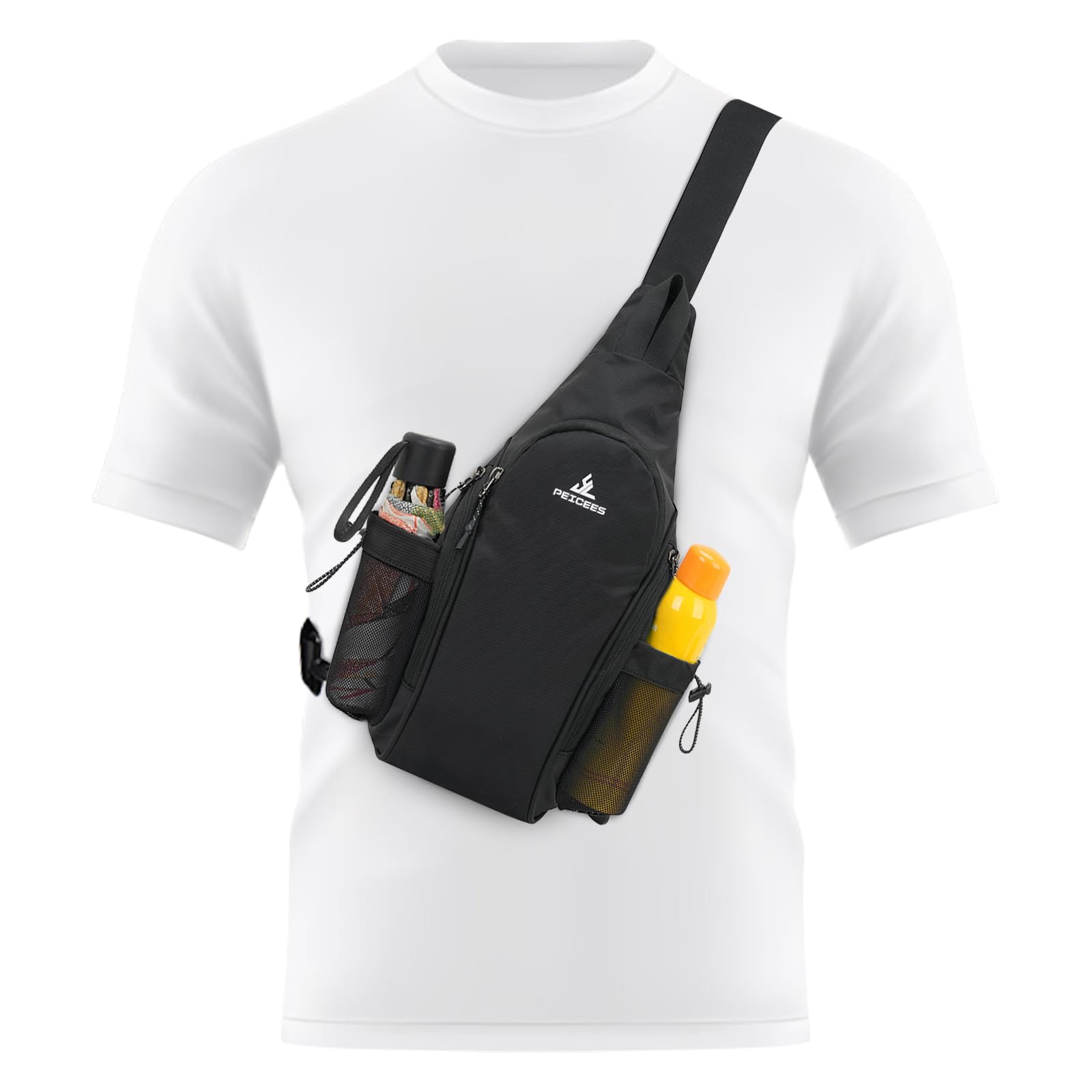 Bolsa pequeña con 2 soportes para botellas, mochila cruzada para uso diario, botella no incluida, Negro -, Pequeño, Bolso bandolera