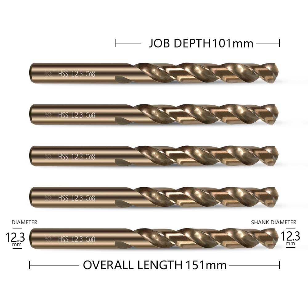 HUAZHICHUN 5PCS Size 12.3mm,M42 8% Cobalt Drill Bit Set, HSS Metal Drill Bits with Titanium Finish, for Wood, Plastic, with Metal Drill Index (Drill bit Set),Aluminum Alloy, Metal,