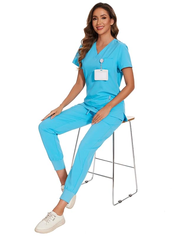 Scrubs for Women Set - Stretch V-Neck Top & Jogger Pant, Aqua Blue, XL by COZYFIT - Used condition - Image 11