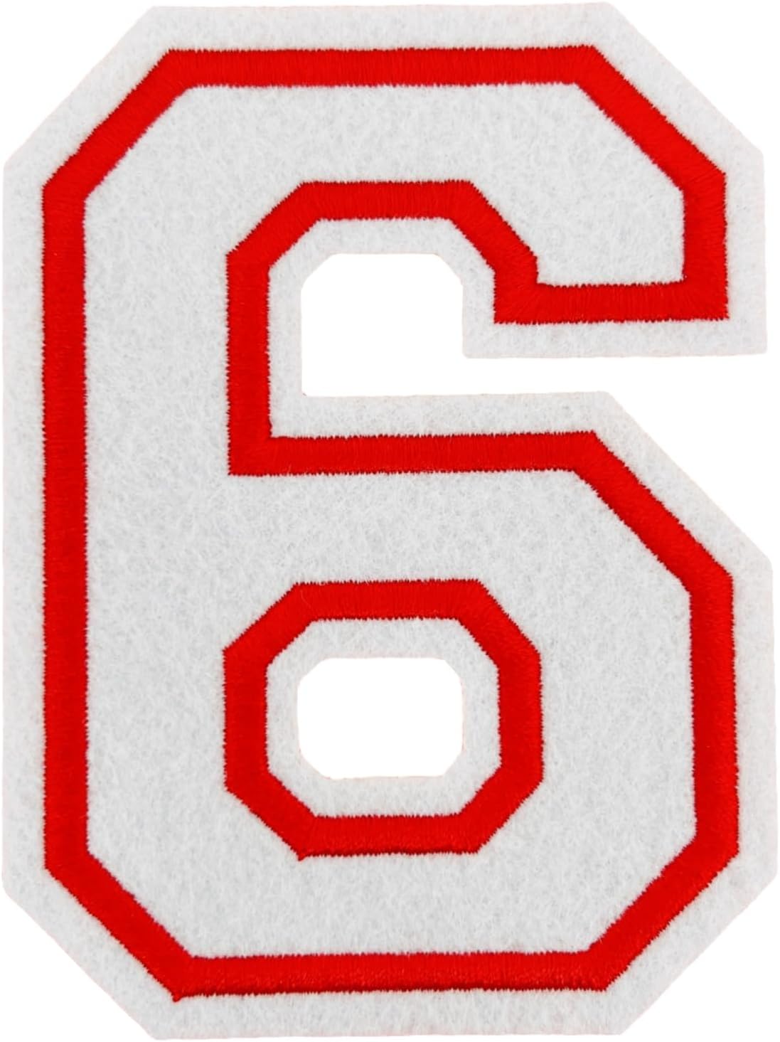 1 Pcs 4.5" White Embroidered Number Patches, Iron-On Appliques for Clothing, Jackets, Backpacks – Varsity Style with Red Border (White 6)